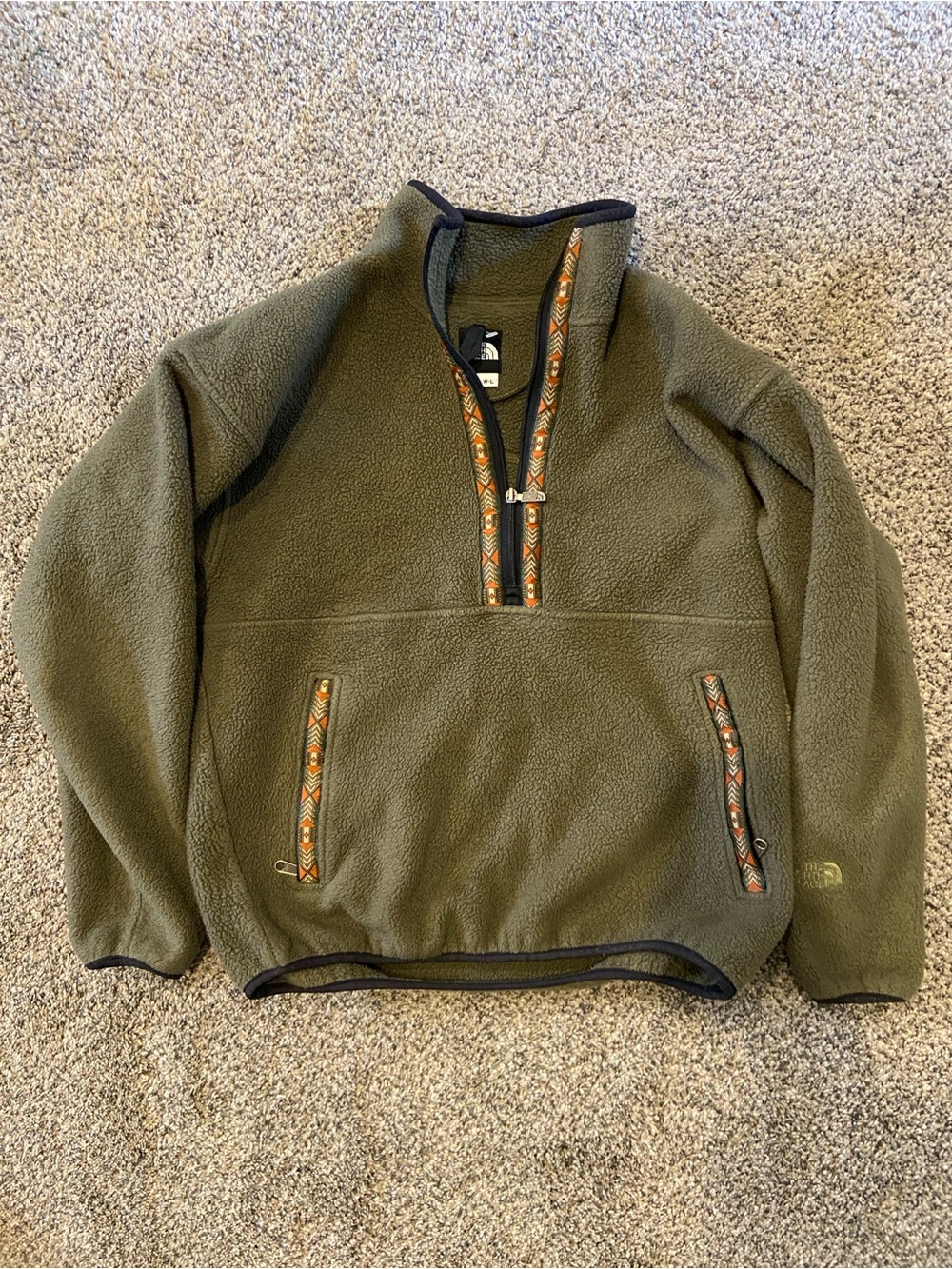 The North Face Olive Green Fleece Pullover with Patterned Trim